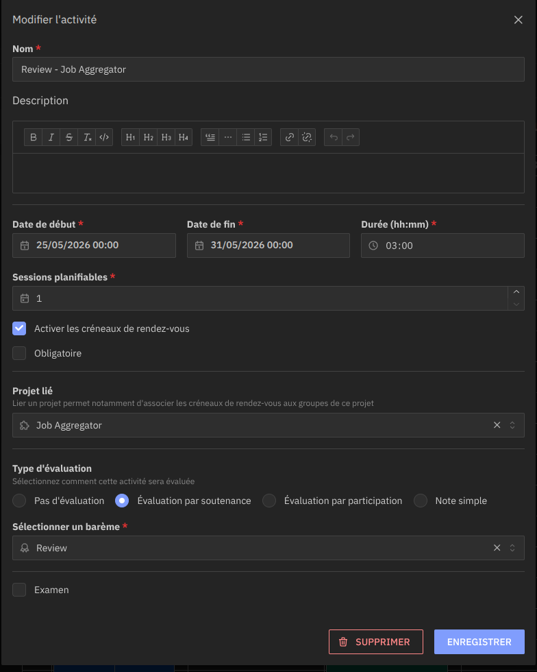 Fenêtre de modification d'une activité existante