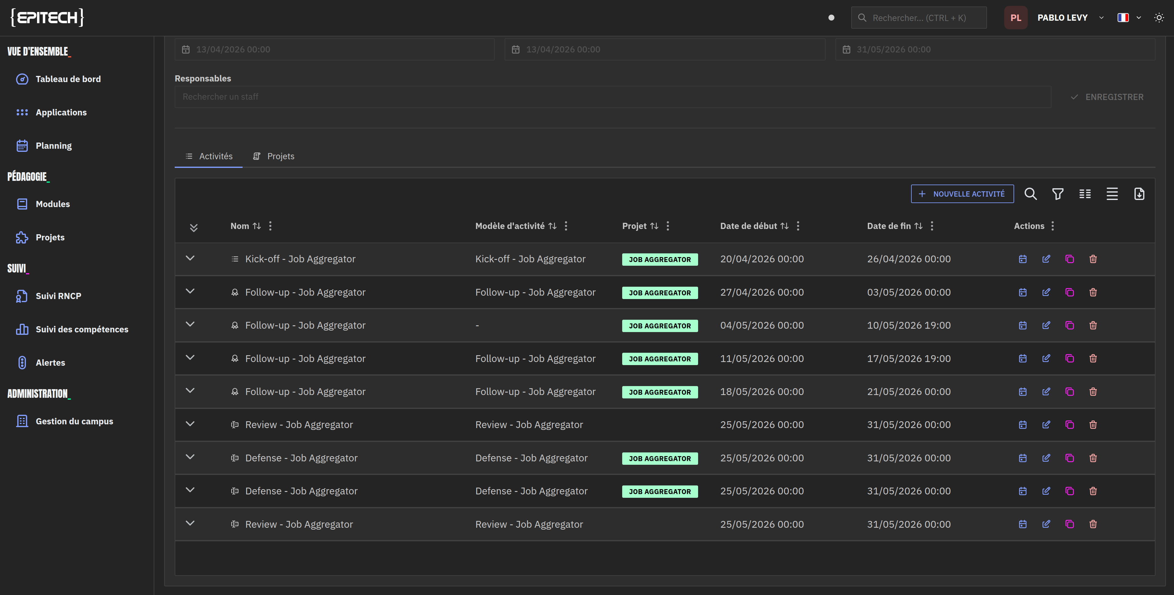 Liste des activités du module avec le bouton + Nouvelle Activité
