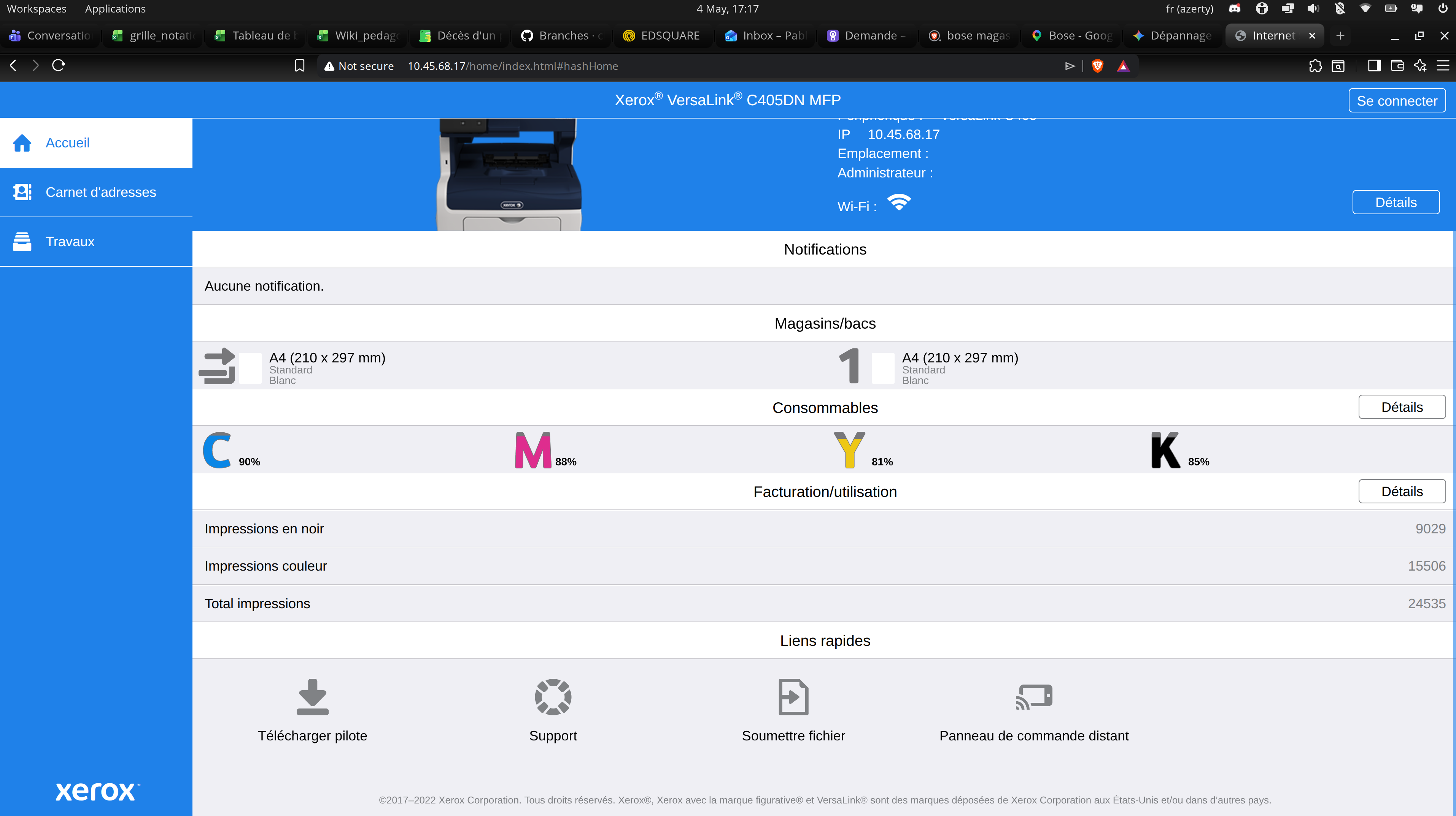 Interface web de l'imprimante Xerox