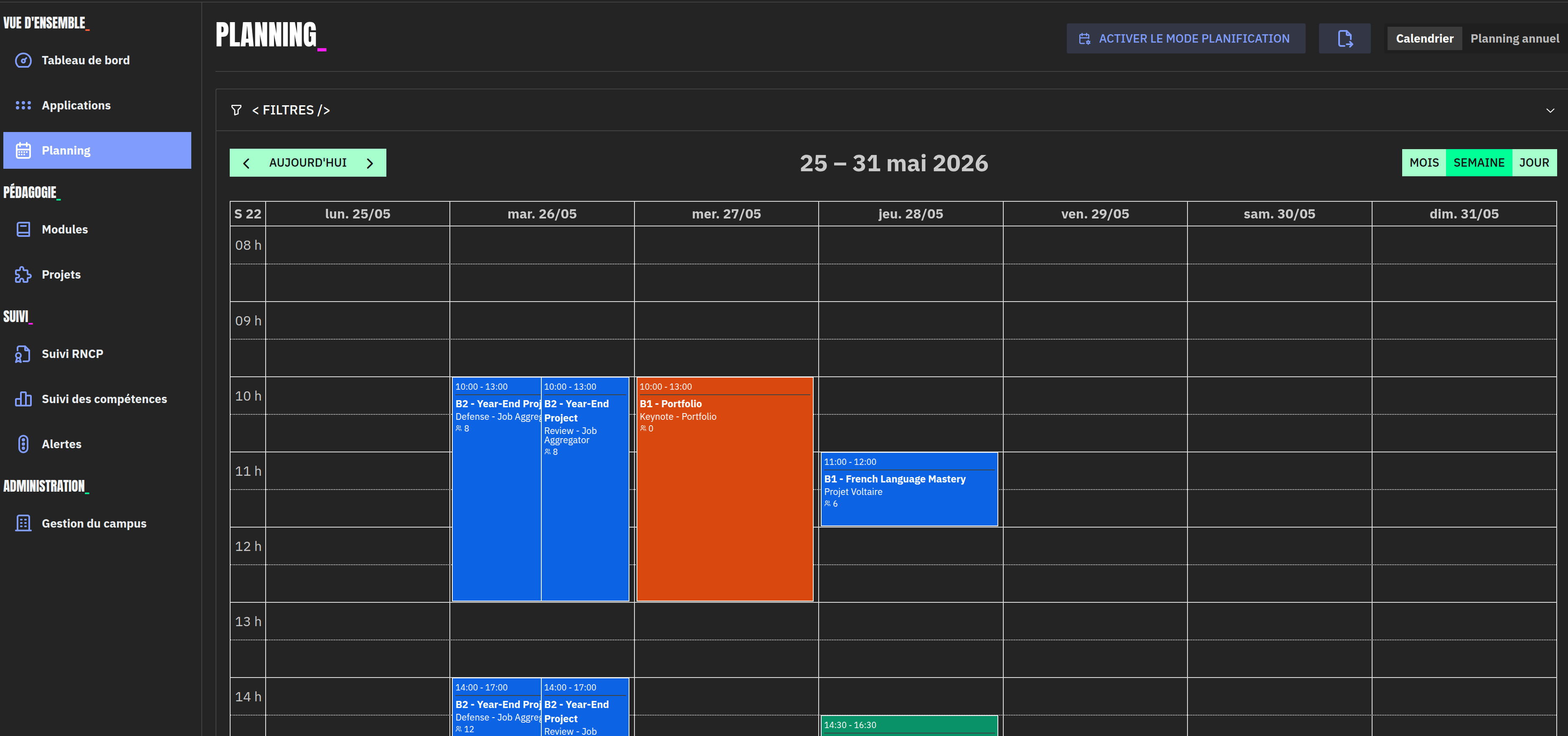 Planning en mode normal — bouton Activer le mode planification
