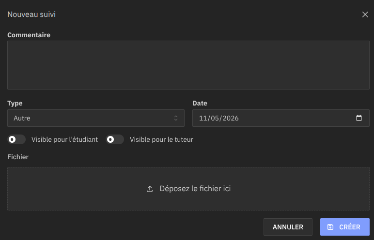 Formulaire de création d'un nouveau suivi