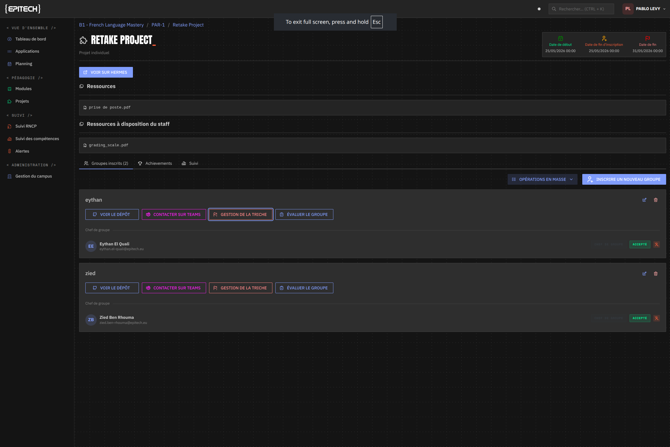 Page projet — vue de la triche sur MY